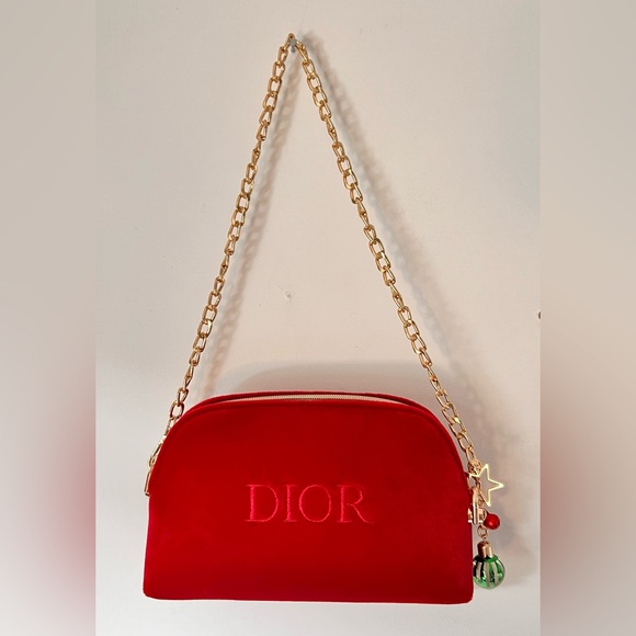 DIOR Beauty Red Velvet Velour Crossbody Gold Purse Chain Bag Card + Box - Picture 5 of 13